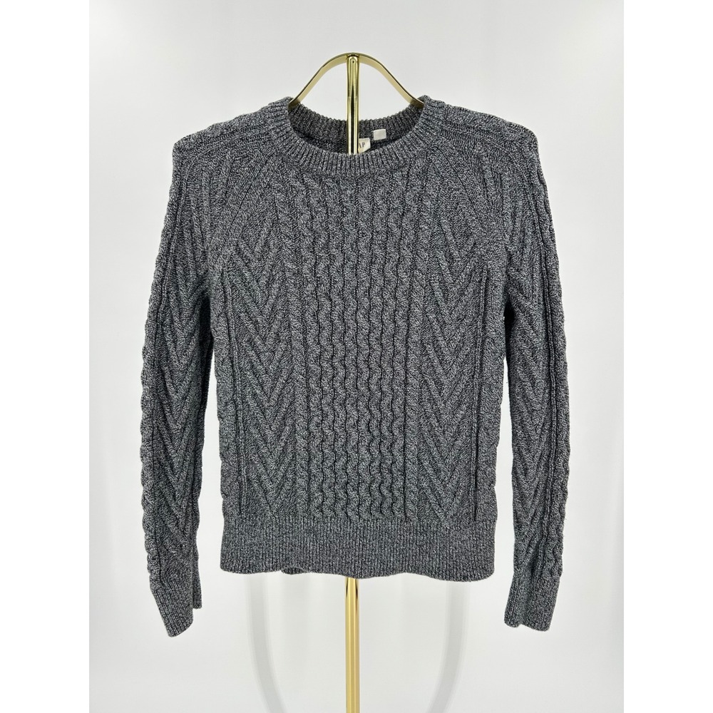 GAP Womens Marled Grey Cable Knit Cotton Crewneck Sweater Small Raglan Sleeve